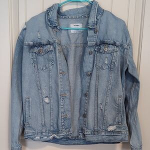 Old Navy Light Blue Boyfriend Distressed Jean Jacket - Painted Writing On Back